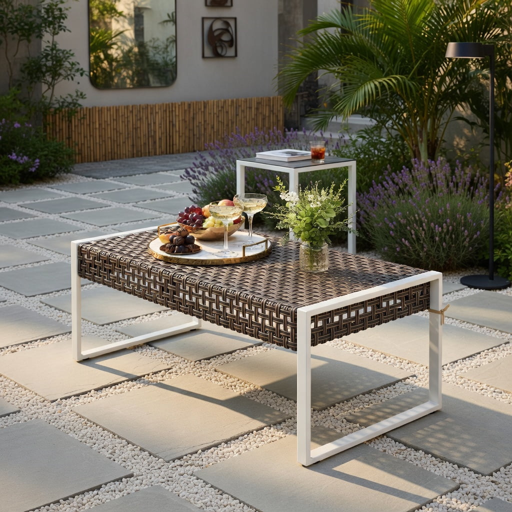 Hommoo 43" Patio Ottoman with Woven PE Rattan Seat, Metal Frame & Removable Cushion, Outdoor Footrest, Loveseat Bench or Coffee Table for Backyard, Poolside & Porch, Natural