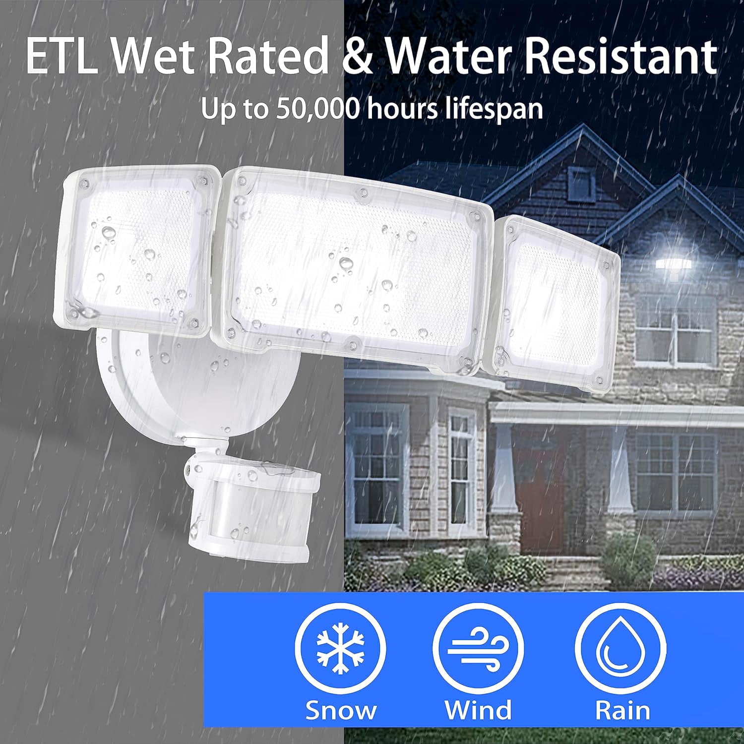 Upgraded 3 Head LED Security Lights with Motion Sensor, 40W, 3800LM, Motion Security Light, 5000k, ETL Water Resistant, Motion Detected Flood Light for Garage, Yard, Porch (White)