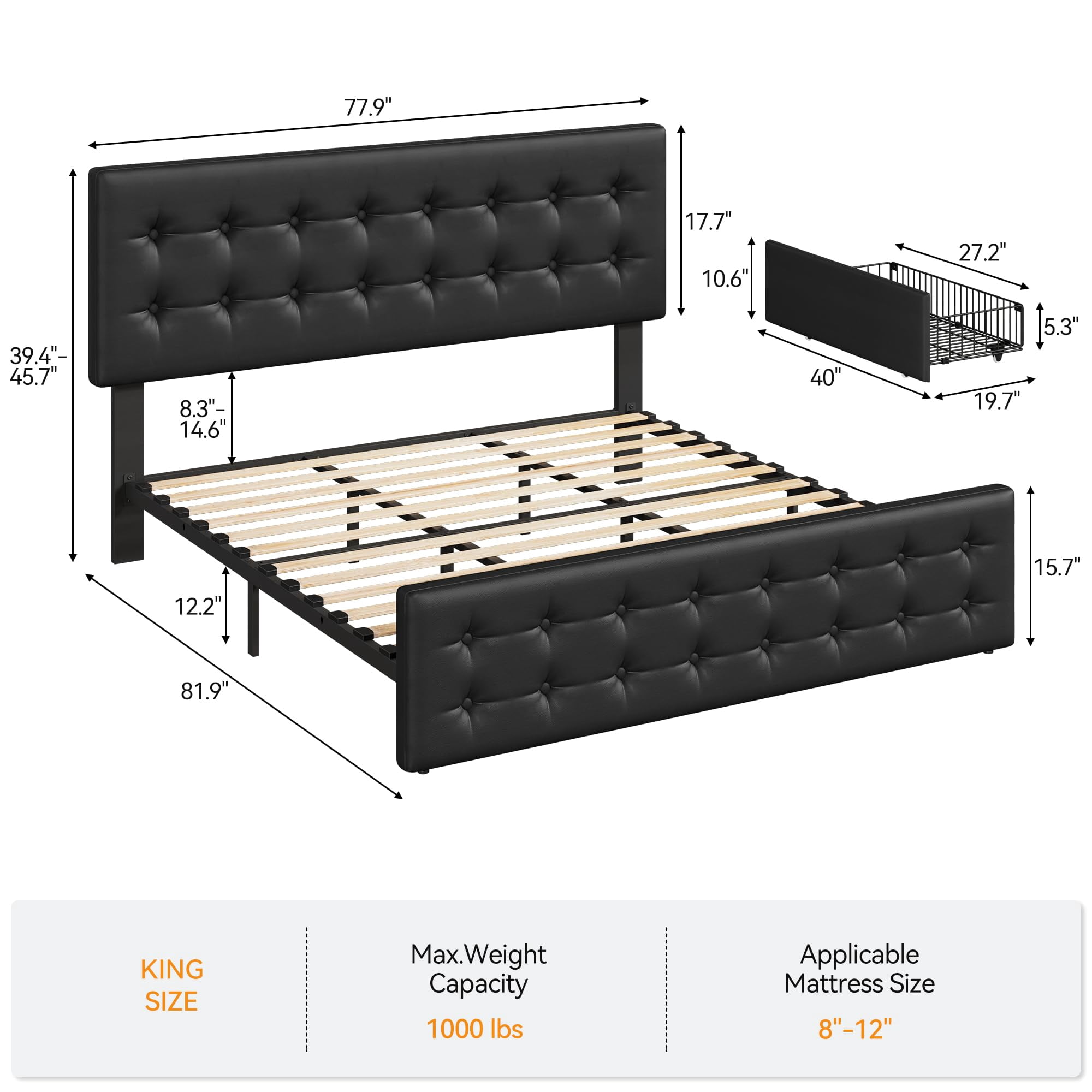 TROPOW King Size Bed Frame,with 4 Storage Drawers and Headboard, Linen Upholstered Platform Bed Frame with Wooden Slats Support, Button Tufted Design, No Box Spring Needed,Black