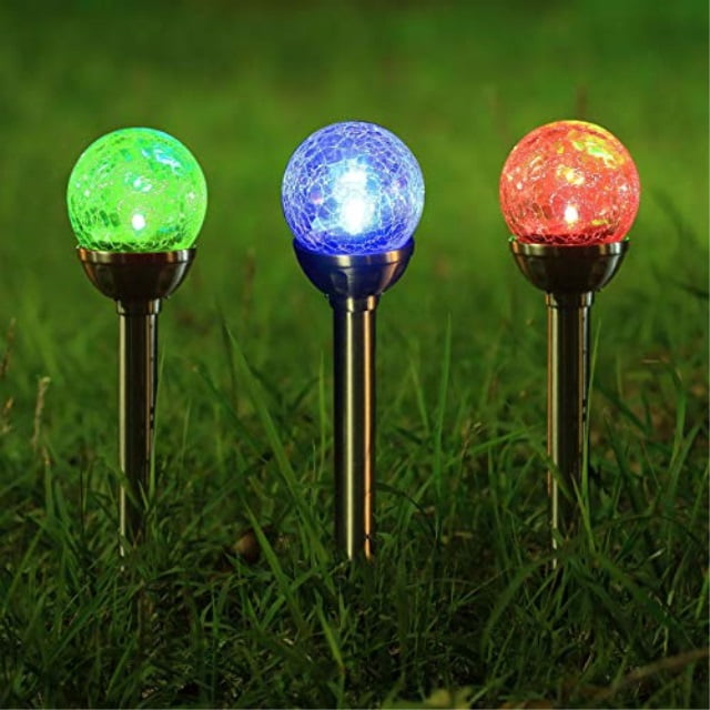 6 Stainless Solar Owl Crackle Glass Ball Landscape Path Light Color Changing LED 