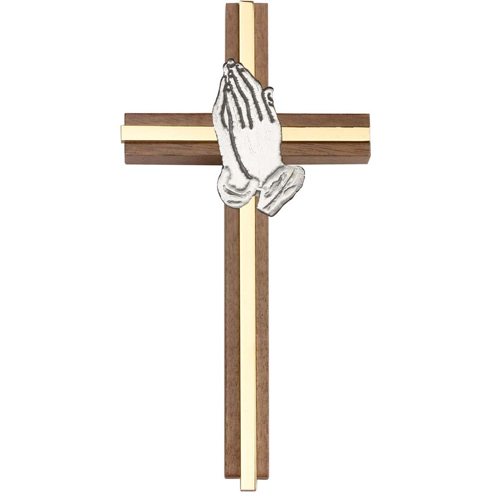 6 x 3 inch Praying Hands Cross, Walnut w/ Antique Gold inlay
