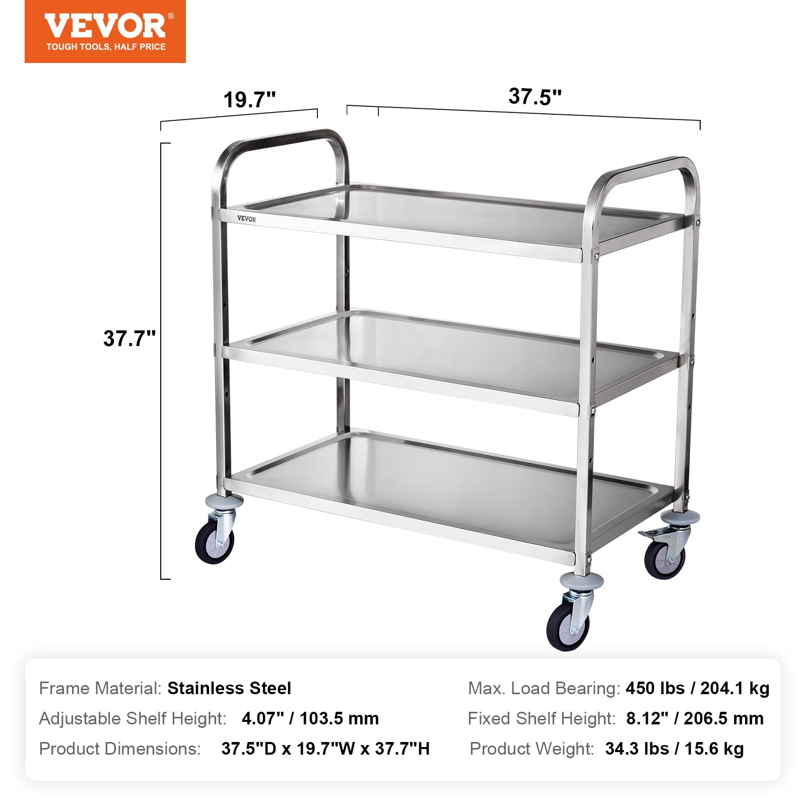 VEVOR Kitchen Utility Cart,3 Tiers, Wire Rolling Cart with 450LBS Capacity, Steel Service Cart on Wheels, Metal Storage Trolley with 80mm Basket Curved Handle PP Liner 6 Hooks, for Indoor and Outdoor