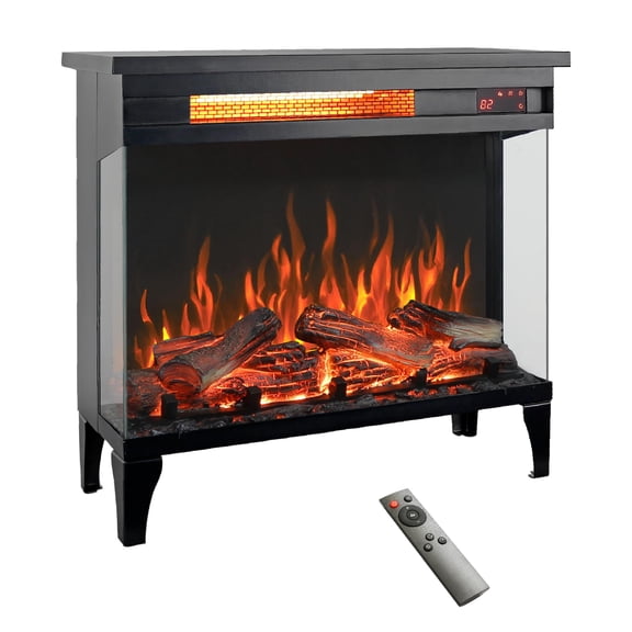 24" Electric Fireplace Heater, 3-Sided Glass Design, Adjustable 4 Flame Colors, Remote, Timer, 1500W Infrared Heater w/Overheat Protection, Fireplace Heaters for Indoor use