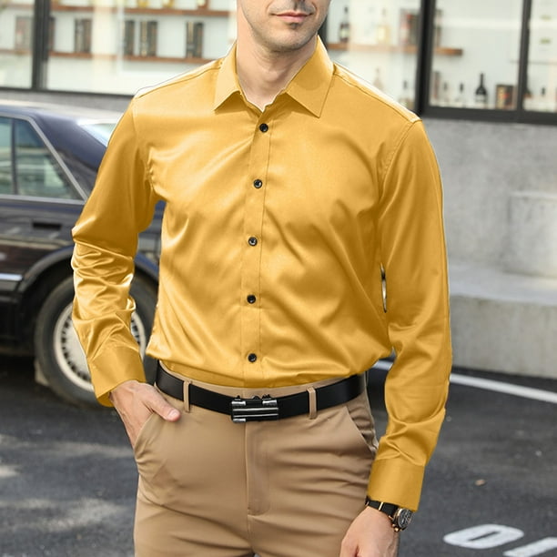 Camisas Para Hombre Camisa de manga larga de color solido informal de negocios de moda delgada elastica para hombres Yellow 3XL Walmart en linea