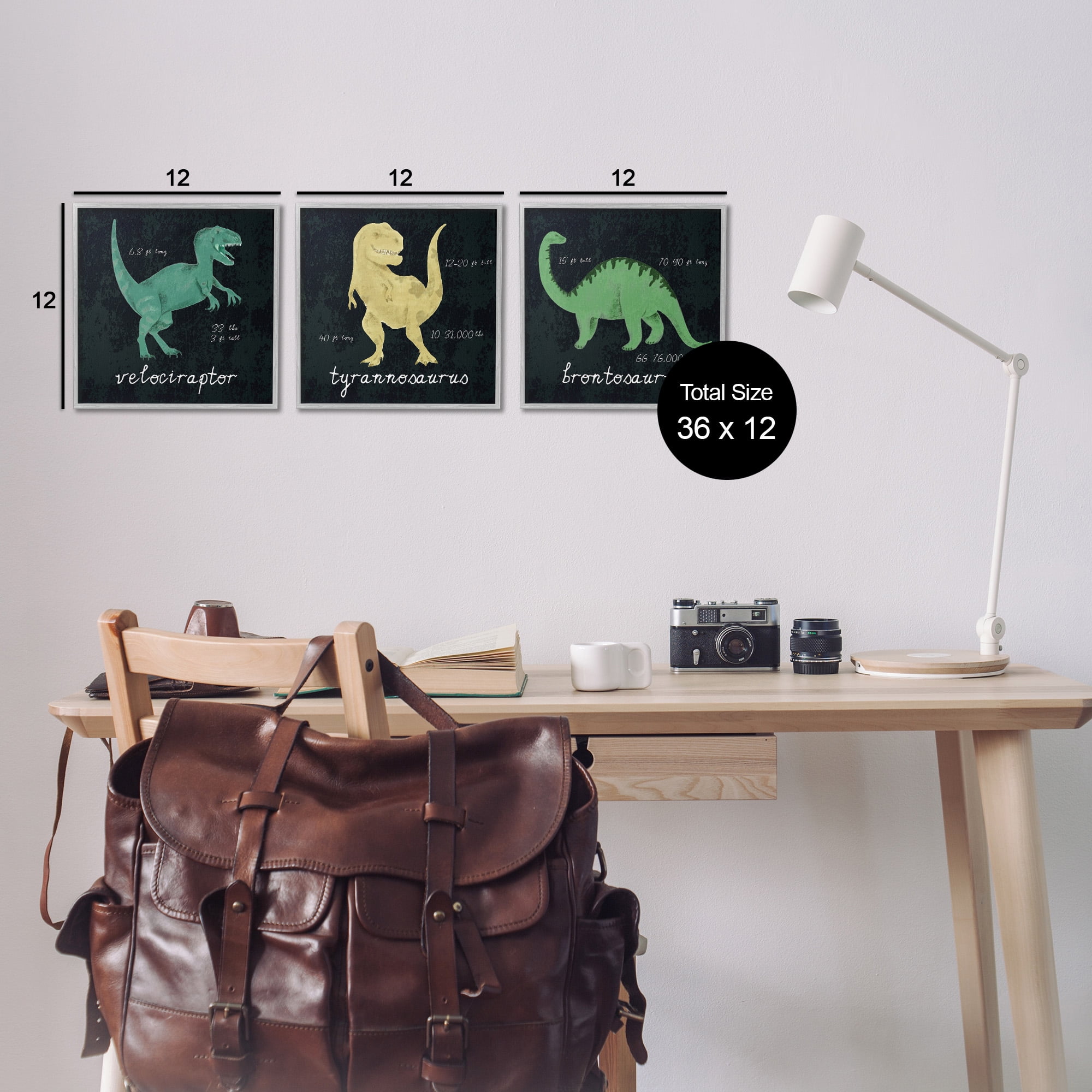 Stupell Industries Dinosaur Facts Chalk Inspired Design Animals & Insects Painting Gray Framed Art Print Wall Art, 12 x 12, Set of 3