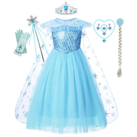 Monissy Déguisement Princesse Elsa Reine Des Neiges - Robe Bleue Dentelle Tulle Avec Diadème, Perruque, Gants Et Baguette Pour Halloween Et Anniversaire