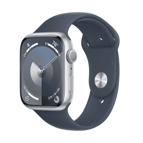 Pre-Owned Apple Watch Series 9 [GPS 45mm] Smartwatch with Aluminum Case and Storm Blue Sport Band - M/L. Fitness Tracker, ECG Apps, Always-On Retina Display, Water Resistant - Silver