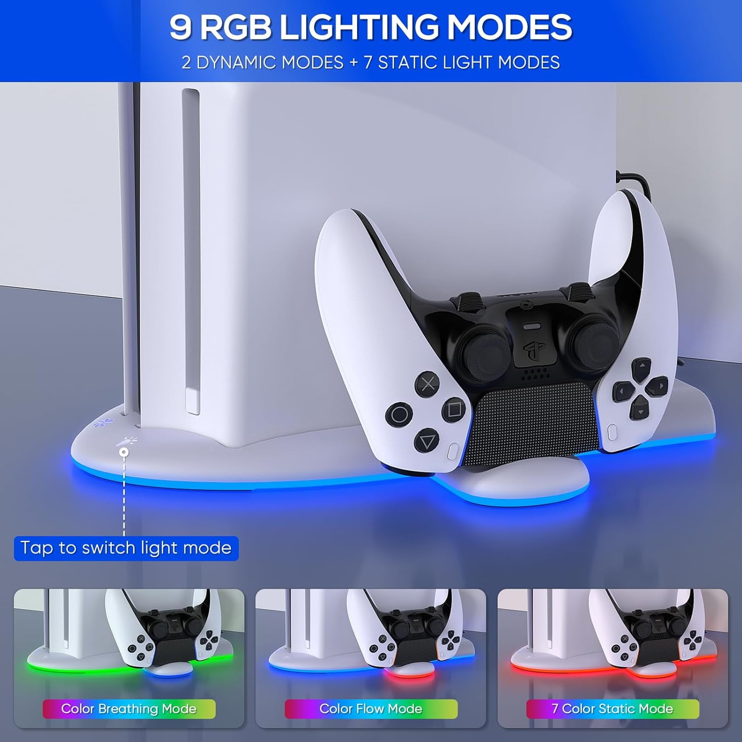 Charging Stand with Cooling Fan for PS5 Slim Console, Dual Controller Charger Station with 9 RGB Light for DualSense/Edge, Quiet Cooling System Accessories for Playstation5 Slim Digital/Disc thumbnail 10
