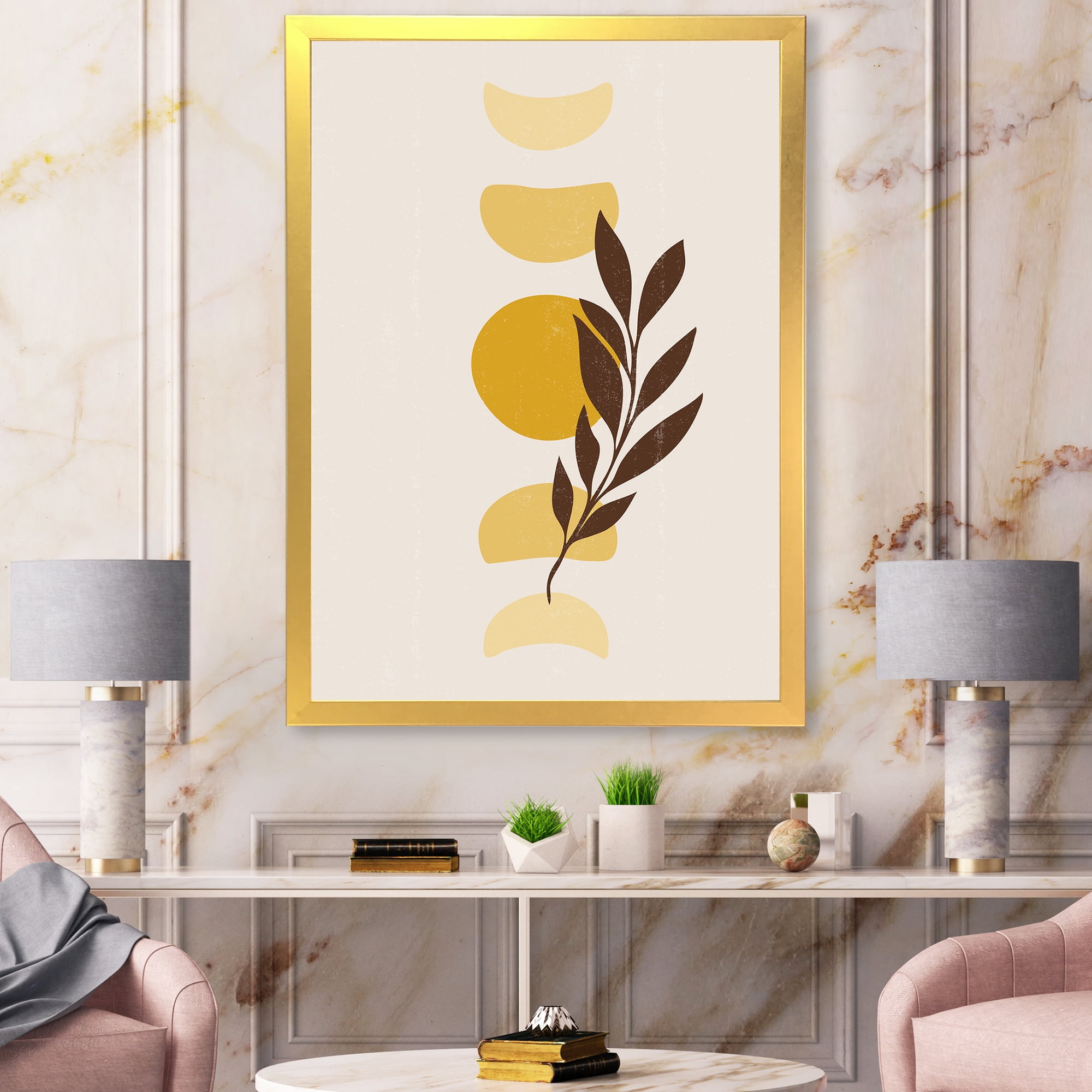 Designart 'Abstract Geometrical Moon and Sun With Leaf VII' Modern Framed Art Print