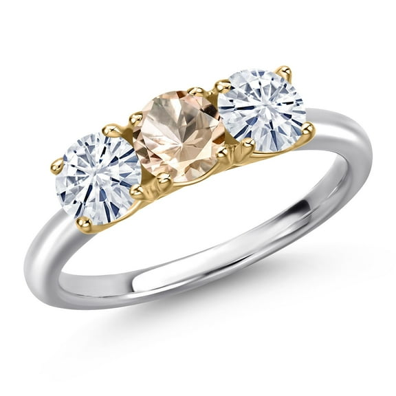 Gem Stone King 925 Silver and 10K Yellow Gold Peach Morganite and White Moissanite Engagement Ring for Women | 1.40 Cttw | Round 5MM | Gemstone October Birthstone | Size 9