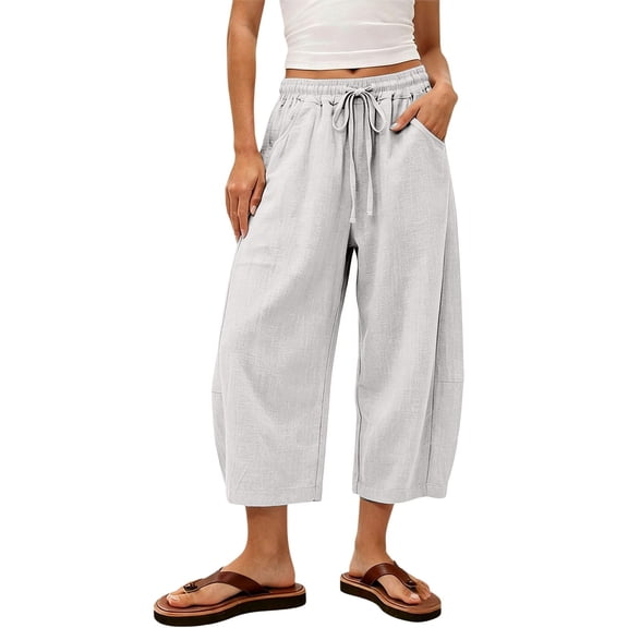 Sewkxo Cropped Linen Barrel Pants for Women Drawstring Wide Leg Cotton Capris 2026 Casual Summer Boho Baggy Palazzo Trouser,Gray S