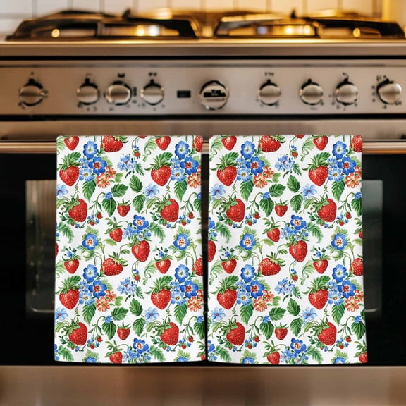Strawberry Kitchen Towels Set of 1, Summer Botanical Blue Spring Floral Absorbent Dish Towels for Kitchen, Microfiber Hand Towel, Quick Drying Tea Towel for Cleaning Decorative Dishcloths