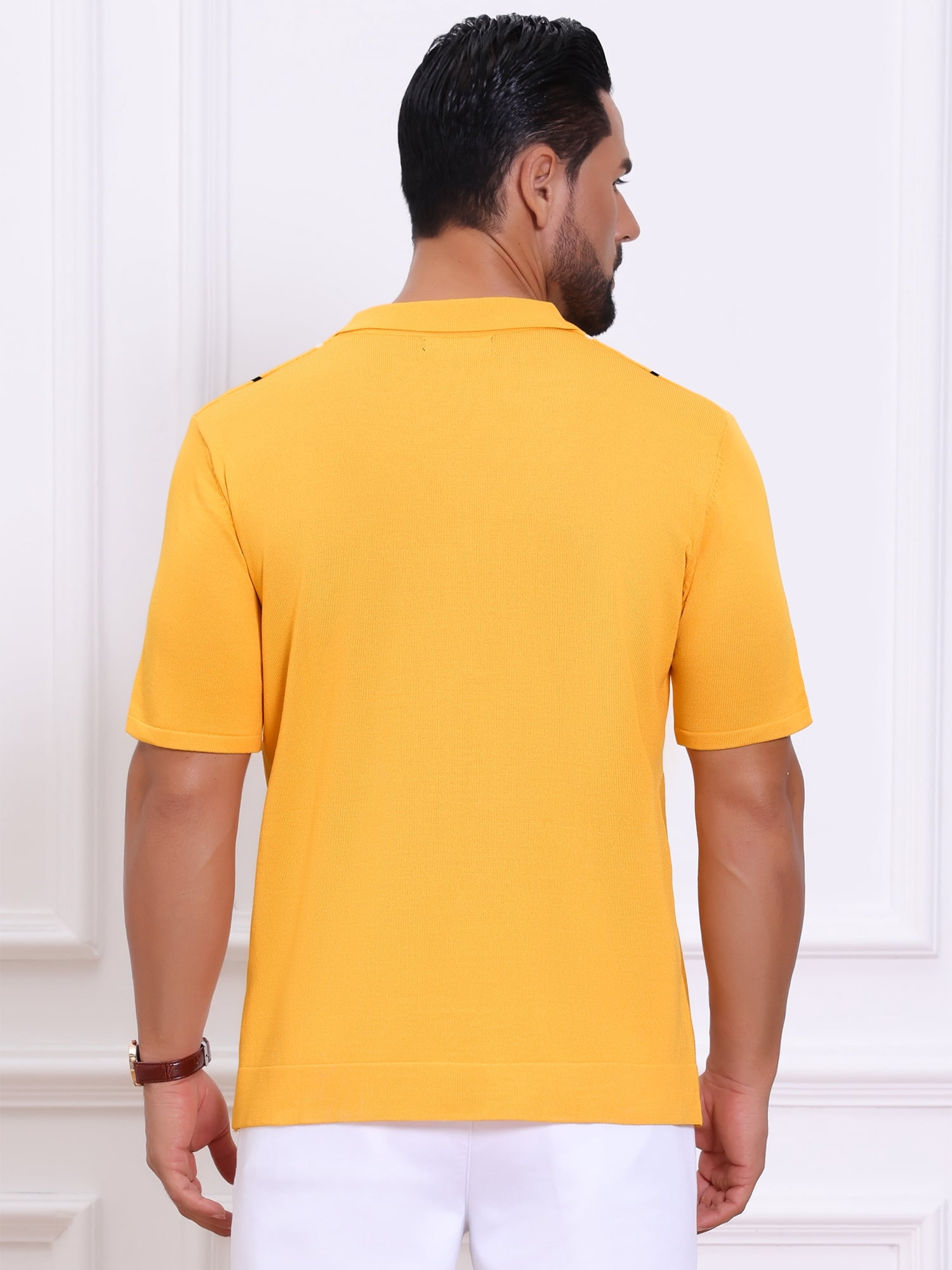 DARING DIVA Men's Striped Knit Chest Pocket Short Sleeve Vintage Golf Shirts L Yellow