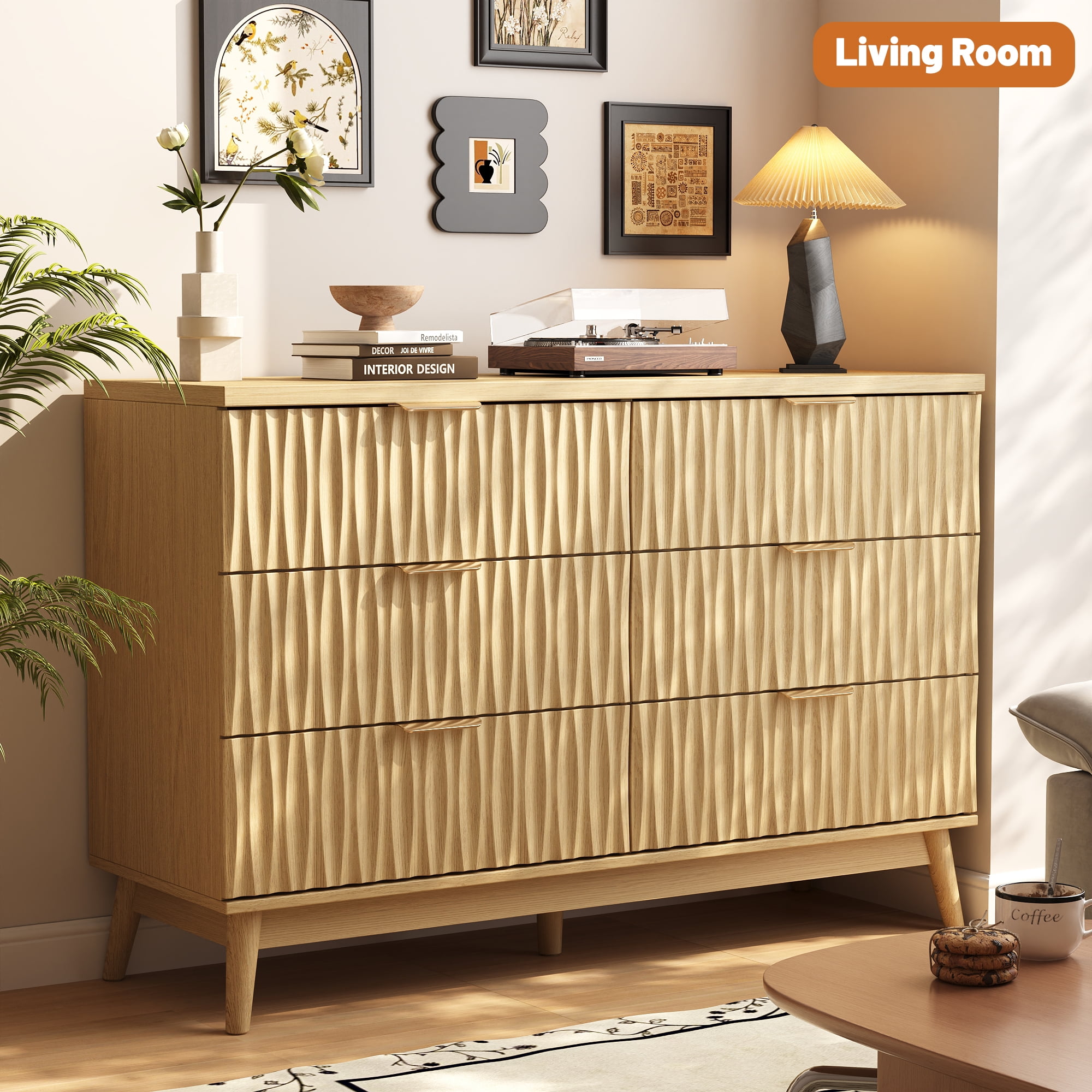 Fluted Dresser for Bedroom with 6 Drawers, 48" Wide Modern Chest of Drawers with Elegant Wave Design, Wooden Dresser TV Stand, Closet Clothes Storage Organizer for Living Room, Hallway