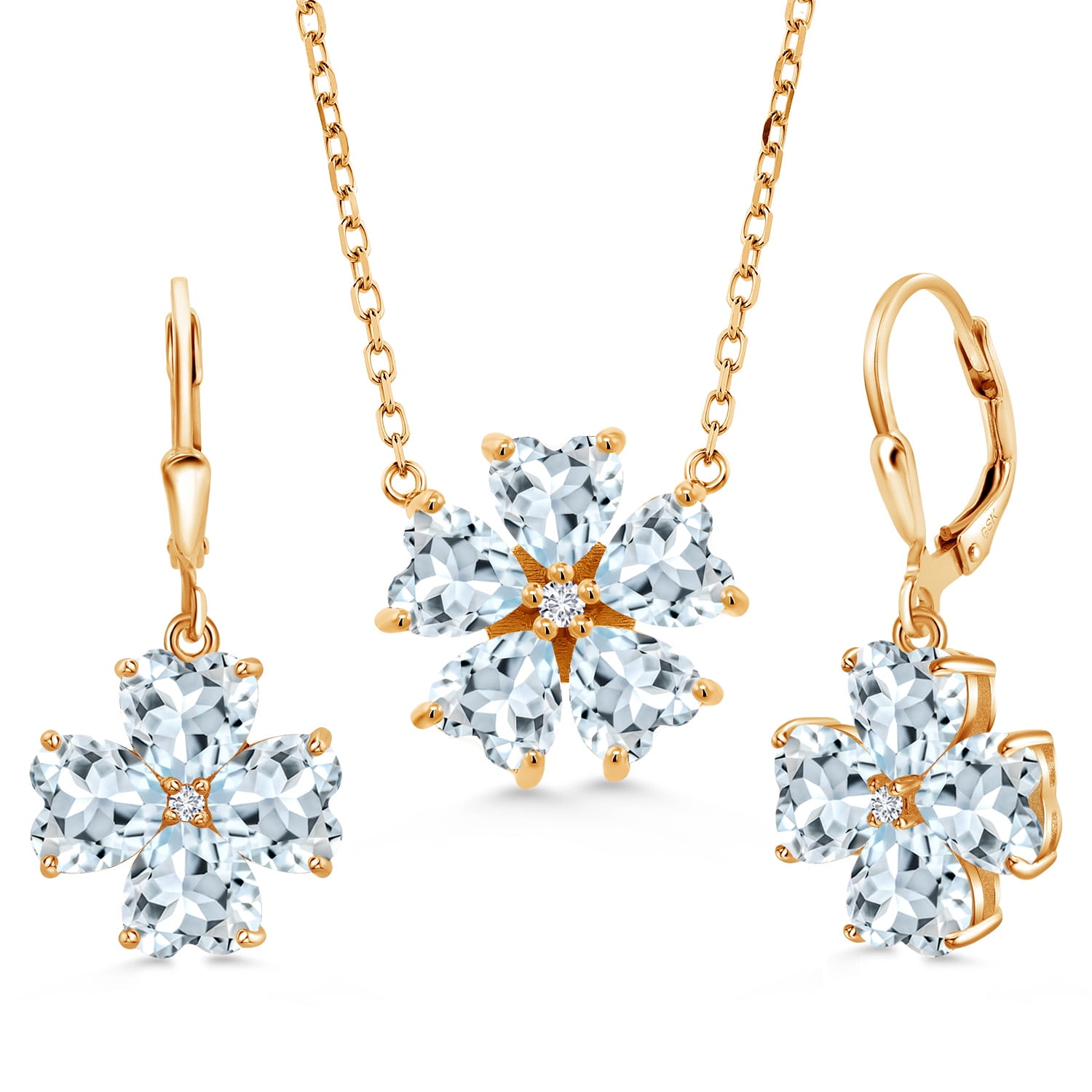 Gem Stone King 18K Yellow Gold Plated Silver Sky Blue Aquamarine and White Lab Grown Diamond Pendant Necklace Earrings Jewelry Set for Women (9.54 Cttw, Heart Shape 6MM, with 18 inch Chain)