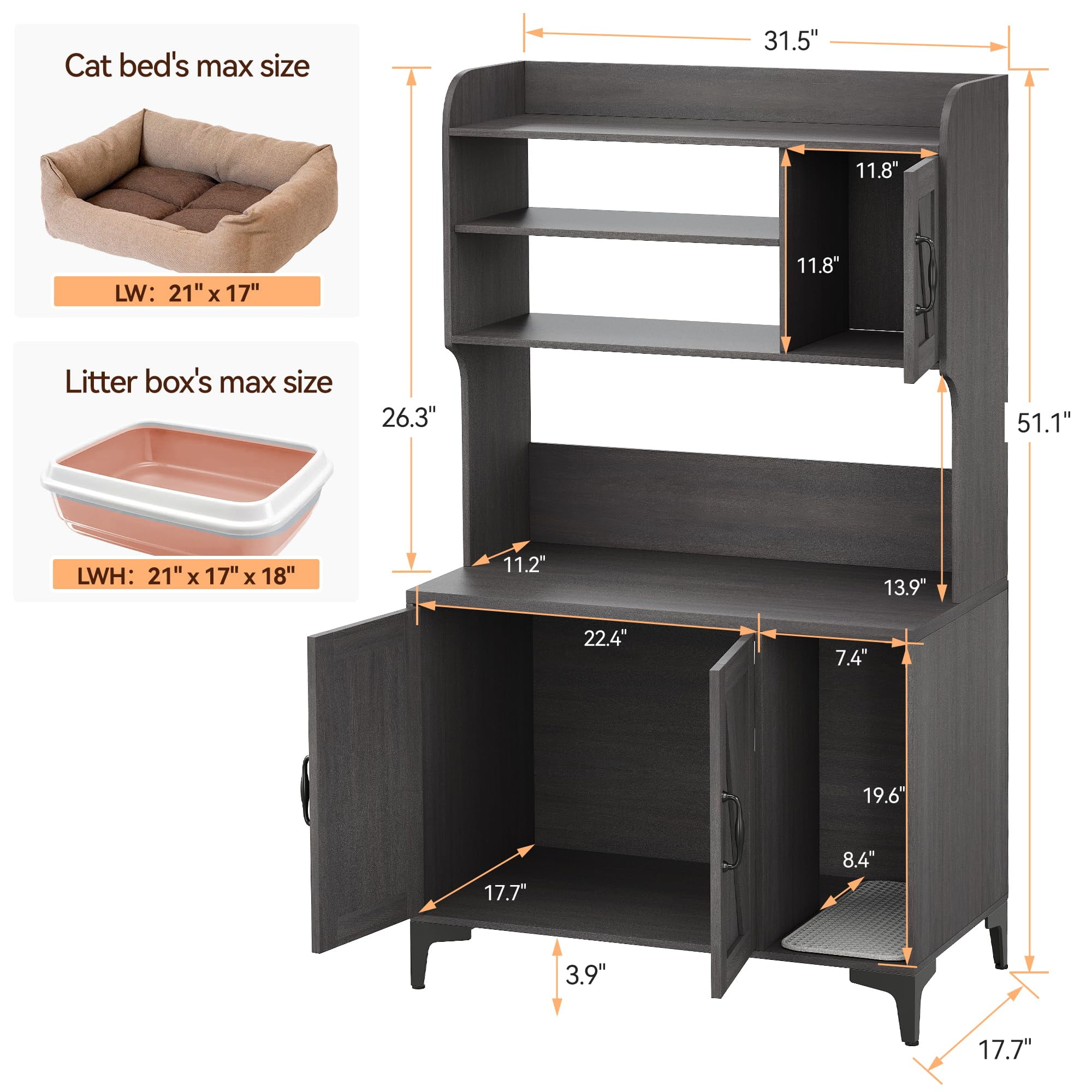 TROPOW Cat Litter Box Furniture,Hidden Cat Box Enclosure with Shelf Storage,Cat Litter Box Enclosure, Wood Sturdy Cat Washroom Storage, Indoor Cat House Furniture, Dark Gray