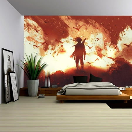 - wall26 - Man with Gun Standing Against Fire Background,Illustration Painting - Removable Wall Mural | Self-adhesive Large Wallpaper - 100x144 inches