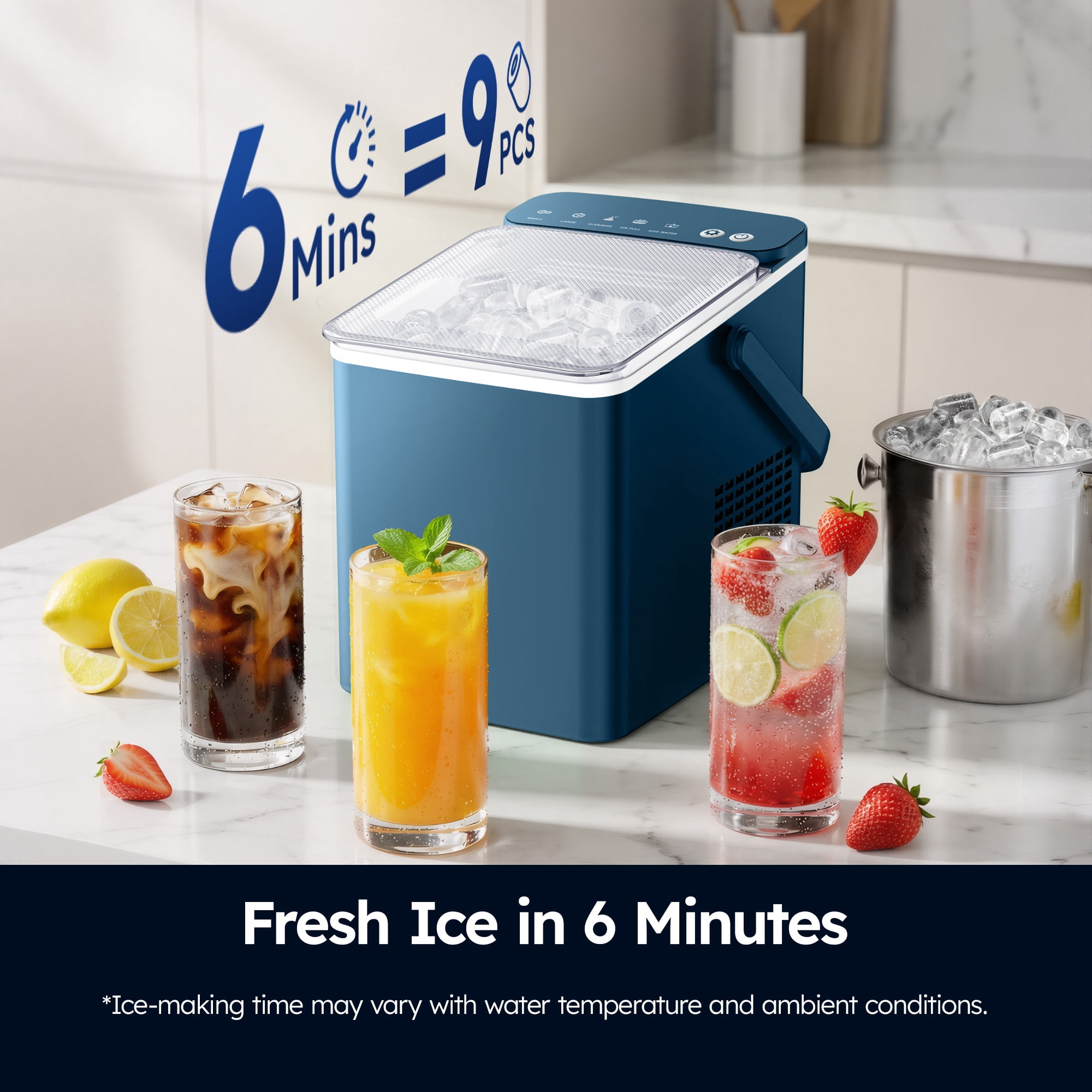 SIMZLIFE Portable Countertop Ice Maker Machine, 26 lbs Ice Per Day, 9 Bullet Ice Cubes Ready in 6 Minutes, Small & Large Ice Sizes, Self-Cleaning, 1.1L Water Tank, Ice Scoop & Basket, Blue