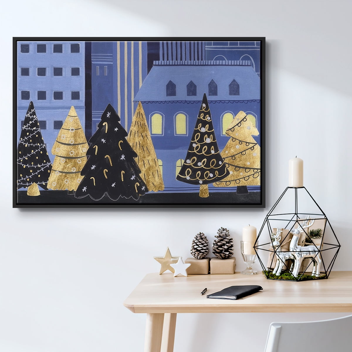 Holiday Night Collection A - Framed Gallery Wrapped Holiday Canvas - 17 x 25 - Black Frame