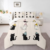 jejeloiu Pet Animal Cat Queen Comforter Set,Kawaii Kitten Bedding Sets,Black Beige Bedding Comforter Set For Boys Girls,Lightweight Room Decor Reversible,3 Pieces