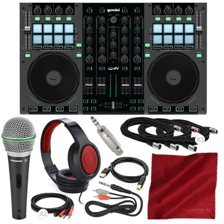 Gemini G4V 4-Channel Virtual DJ Controller and Mixer with Samson Dynamic Microphone, Closed-Back Headphones, and Deluxe (Best 4 Channel Dj Controller)