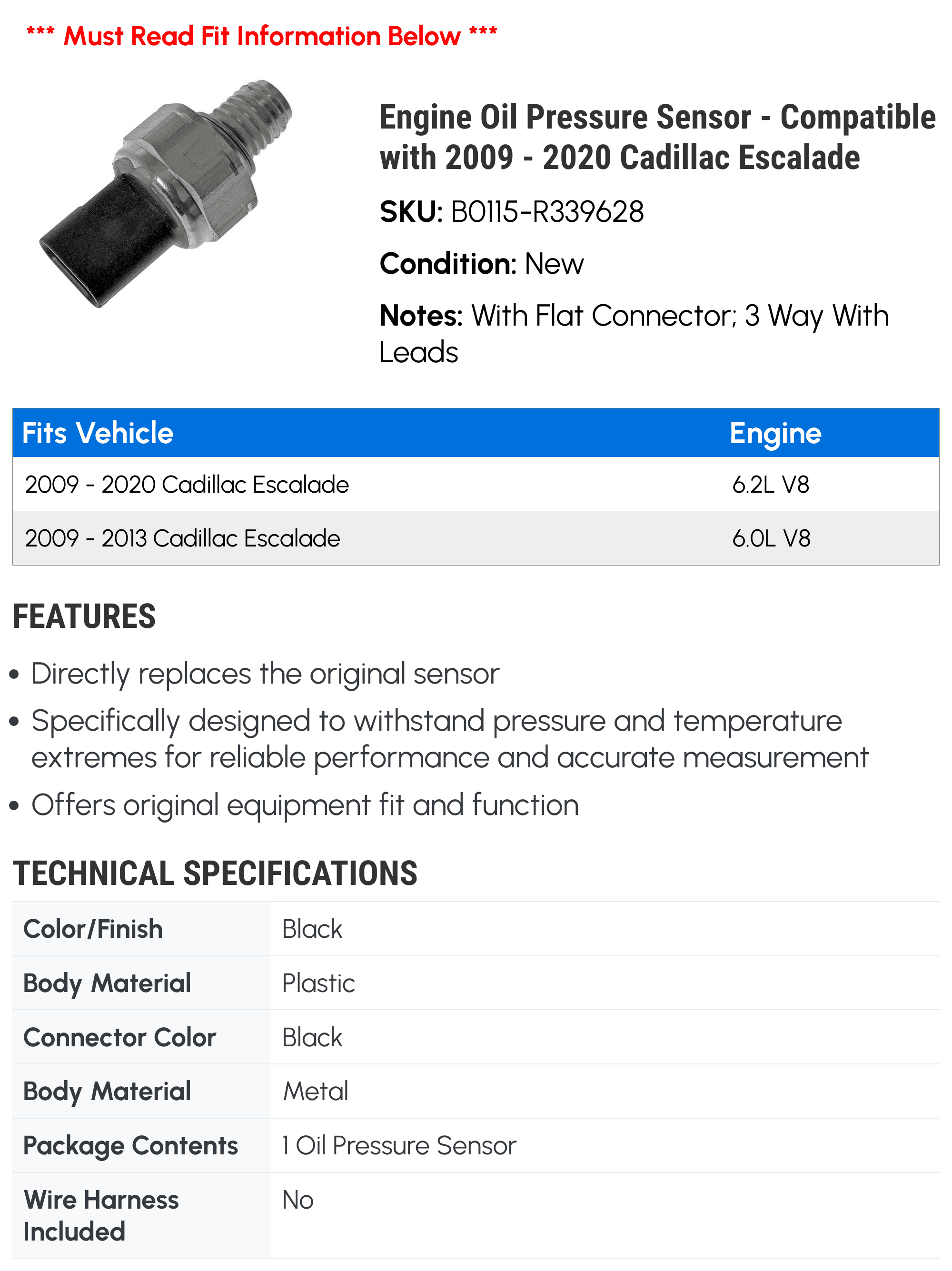 Engine Oil Pressure Sensor - Compatible with 2009 - 2020 Cadillac Escalade 2010 2011 2012 2013 2014 2015 2016 2017 2018 2019