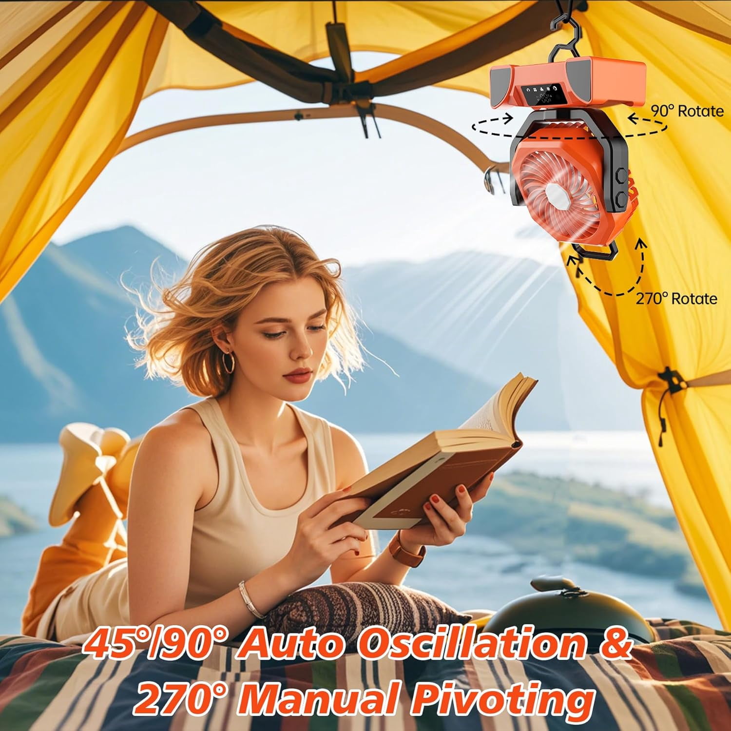 20000mAh Rechargeable Portable Camping Fan - Max 68 Hrs Runtime, Battery Operated with LED Lantern, 5 Speeds, 4 Timers. Desk Fan for Travel & Power Outages (Orange)