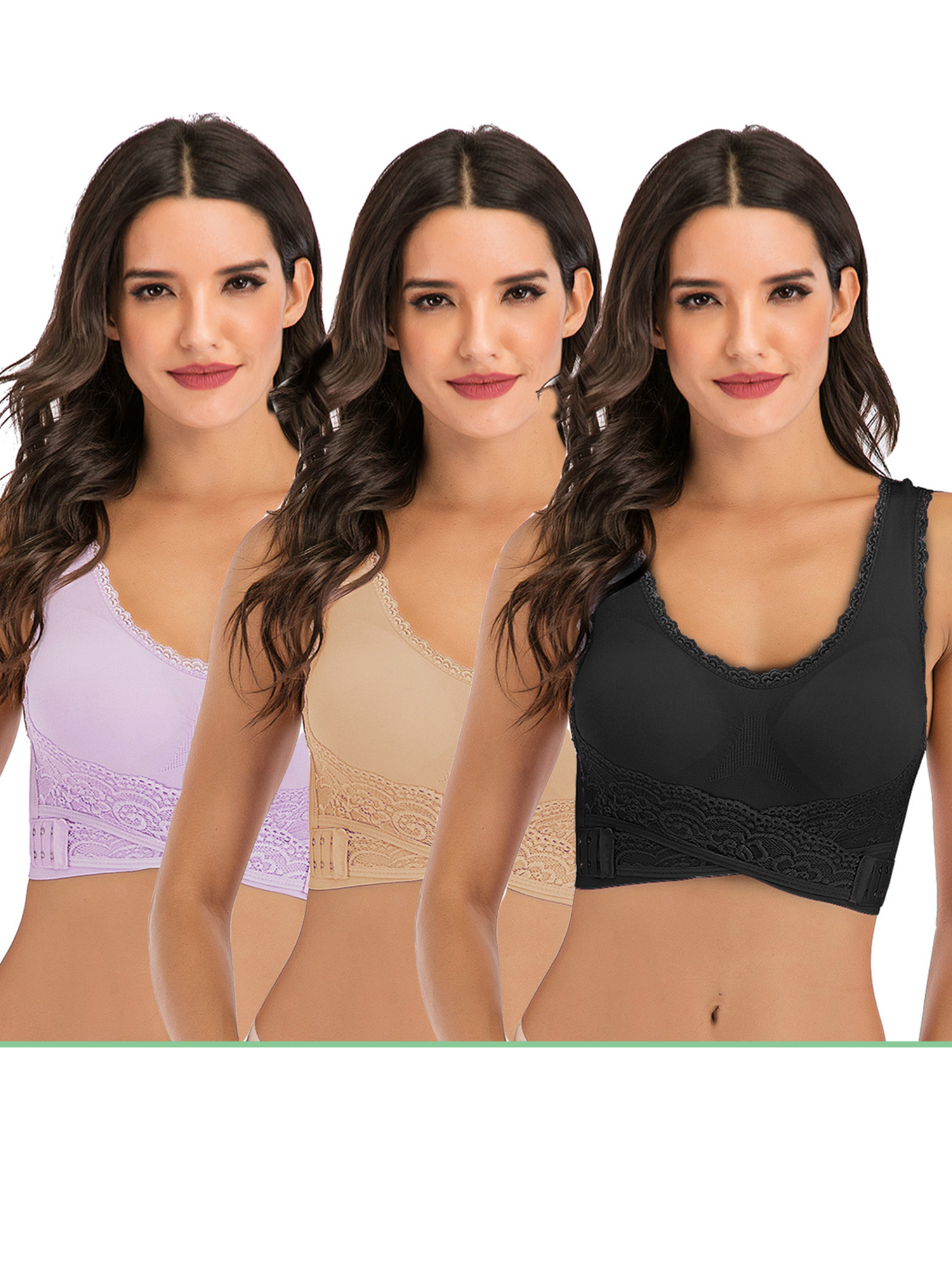 FUTATA Sports Bras For Women Padded Lace Front Buckle Lace Post Op Bras Seamless Yoga Bras Activewear Tops For Running Workout Gym,1/3 Pack - image 1 of 6