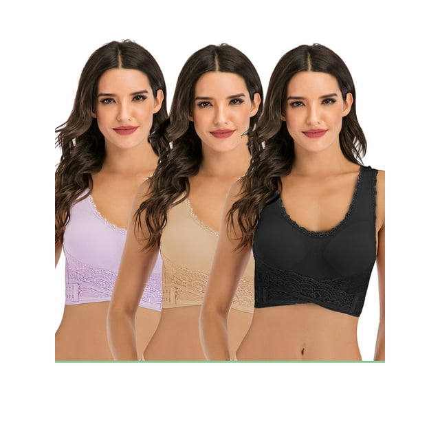 FUTATA Sports Bras For Women Padded Lace Front Buckle Lace Post Op Bras Seamless Yoga Bras Activewear Tops For Running Workout Gym,1/3 Pack