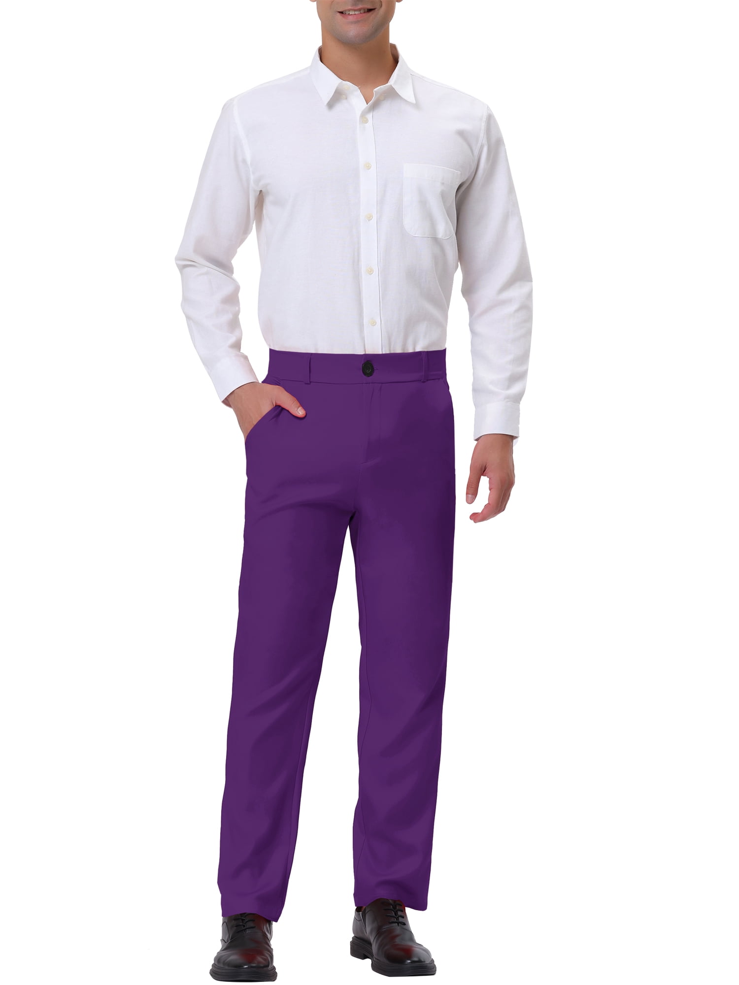 Unique Bargains Men's Business Pants Classic Fit Solid Color Suit Trousers with Pockets 38 Purple