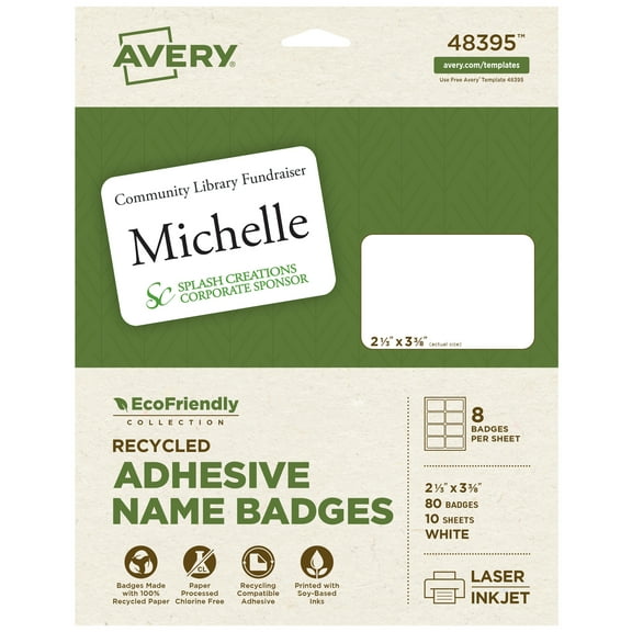 Avery EcoFriendly Name Tags, 2-1/3" x 3-3/8", 80ct (48395)