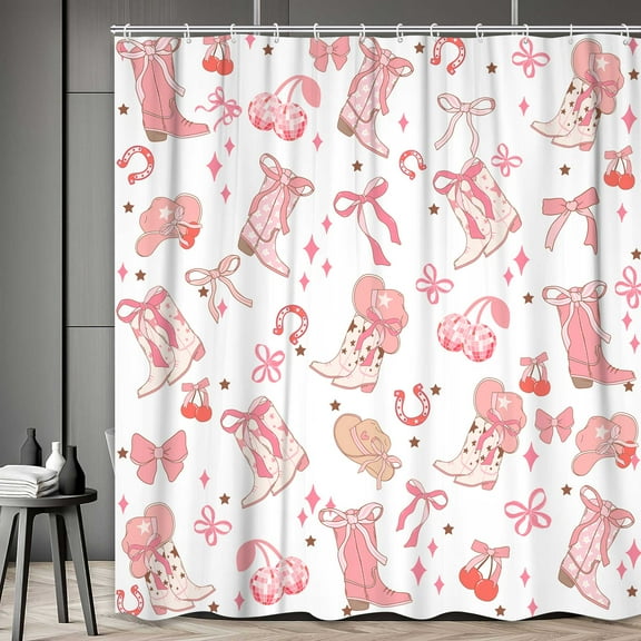 Pink Bow Western Shower Curtain, Cowgirl Cute Bowknot Disco Cherry Bow Boots Caps Shower Curtain Set for Boys Teens Girls, Waterproof Bath Curtain Decor with Hooks,White,70X70