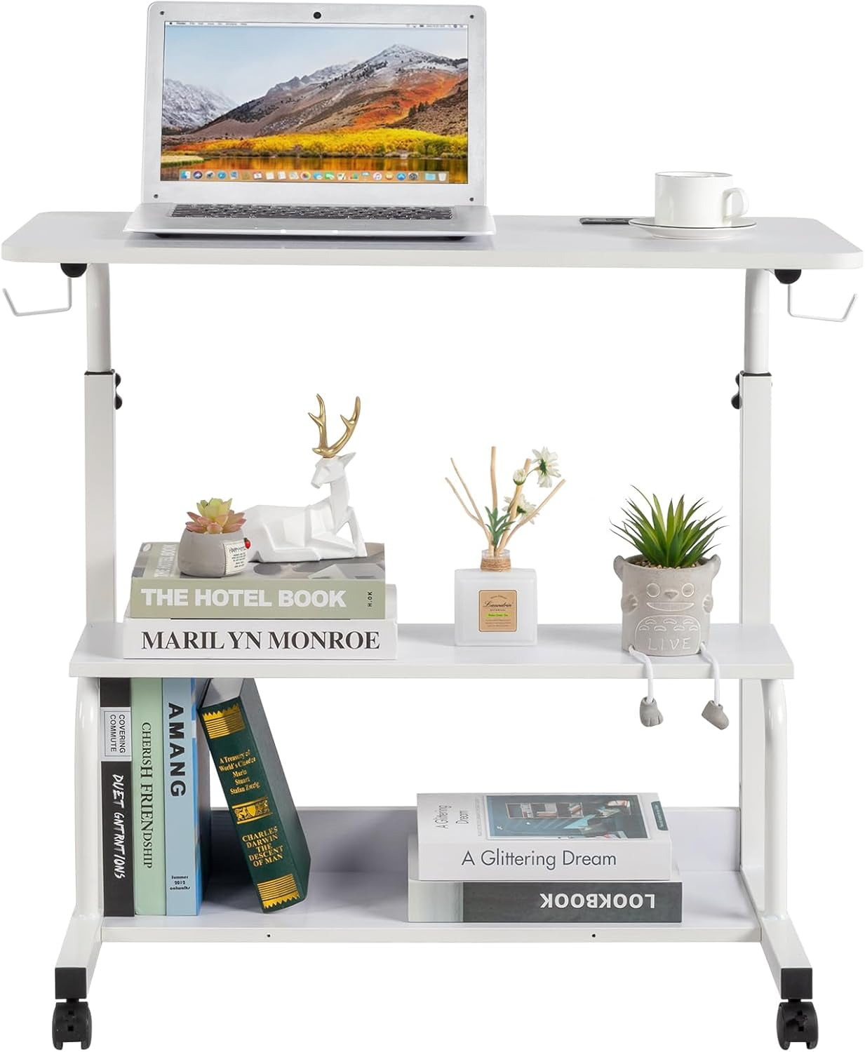 FCH 31.5" Mobile Small Standing Desk, Adjustable Height Mobile Computer Desk, w/2 AC Outlets + 3 USB Ports & Hooks, Storage Shelves, Suitable for Gaming, Studying, Home Office, White