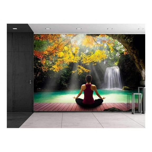 wall26 - Girl Meditating on a Bridge Under a Tree Looking Over a Waterfall - Wall Mural, Removable Sticker, Home Decor - 66x96 inches