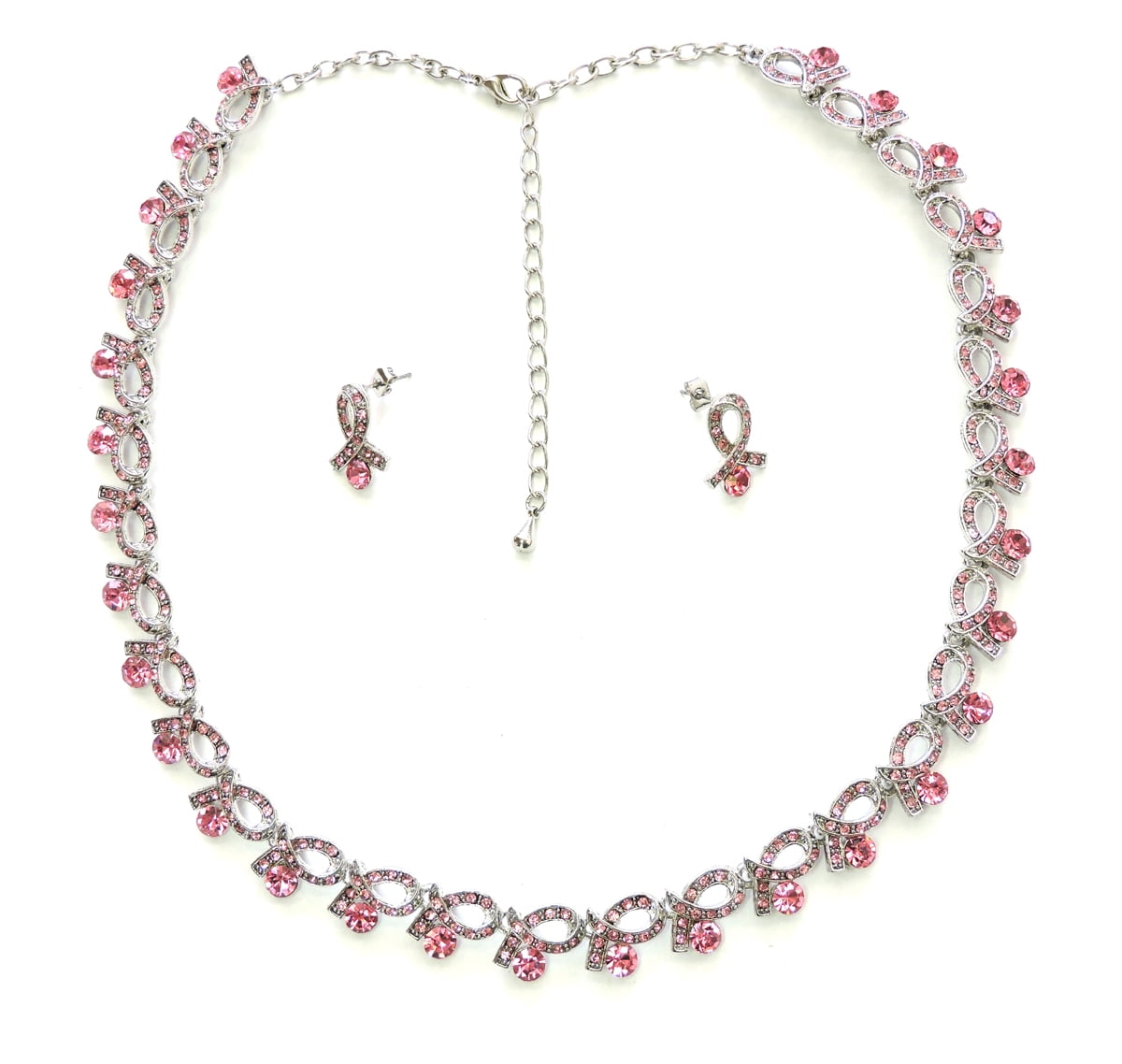 Rhinestone Crystal Breast Cancer Ribbons Necklace Earrings Set