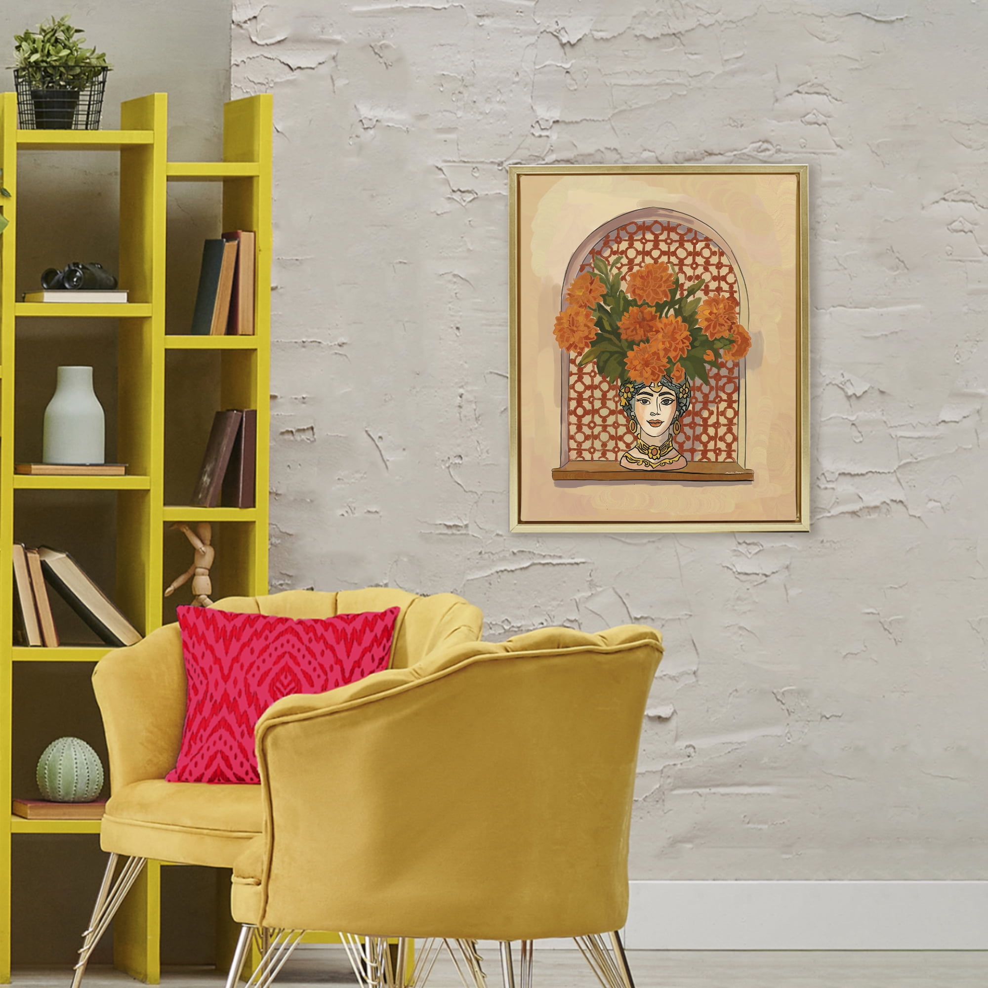 Stupell Industries Ornate Flower Head Vase Gold Framed Floater Canvas Wall Art, design by Amelia Noyes