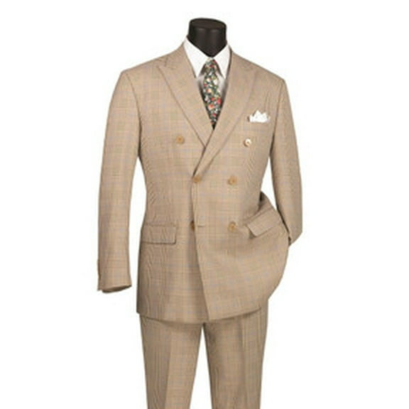 Vinci Mens Double Breasted Beige Plaid Church Suit DRW-2