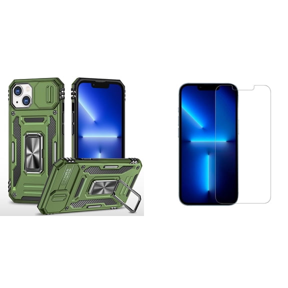 Bemz Hybrid Armor Case for iPhone 14 Plus (Rugged Protector with Camera Protection Cover and Rotating Ring Stand) with (2-Pack) Tempered Glass Screen Protectors - Forest Green