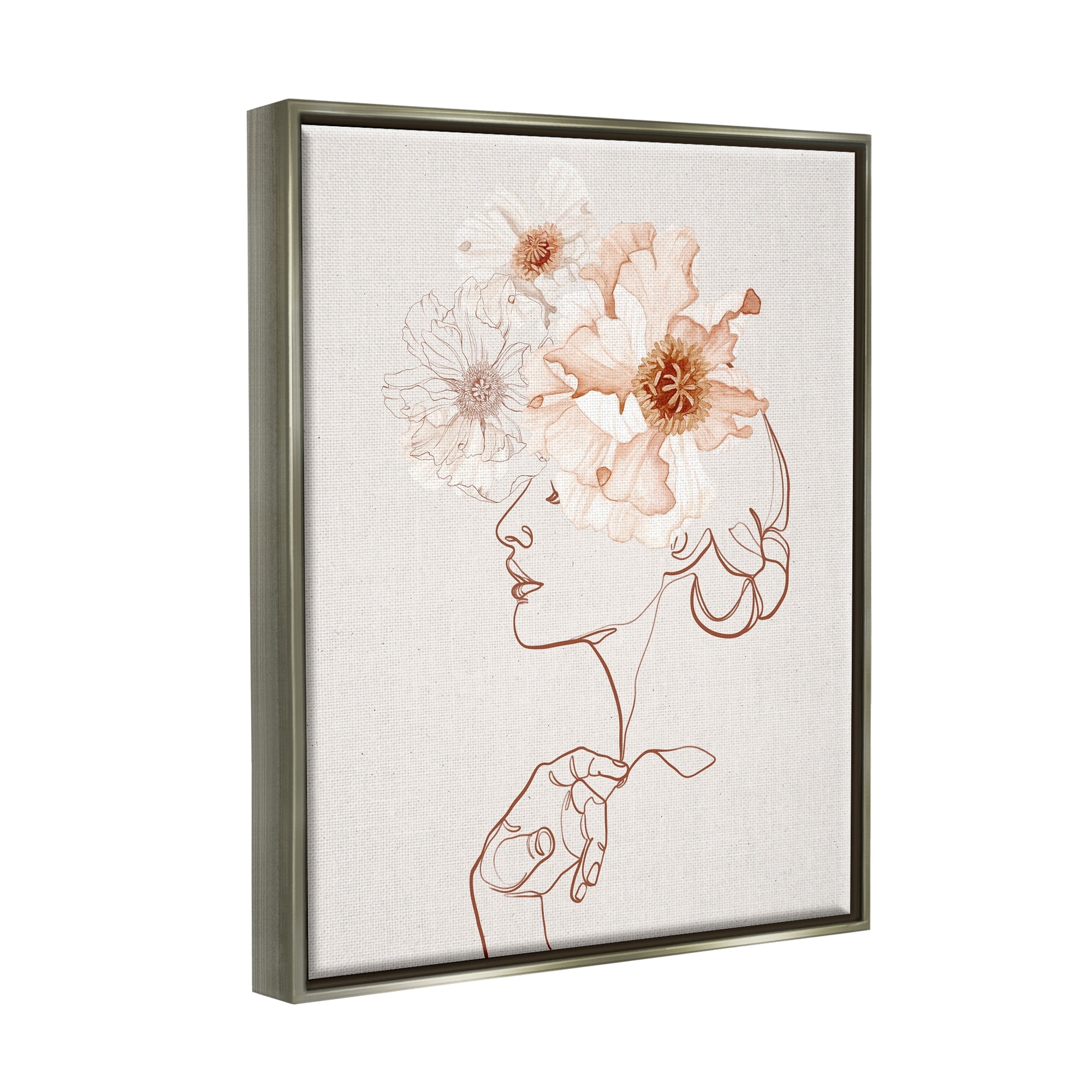 Stupell Industries Delicate Pink Flower Blossoms Woman Line Drawing Luster Gray Framed Floating Canvas Wall Art, 24x30, by Ros Ruseva