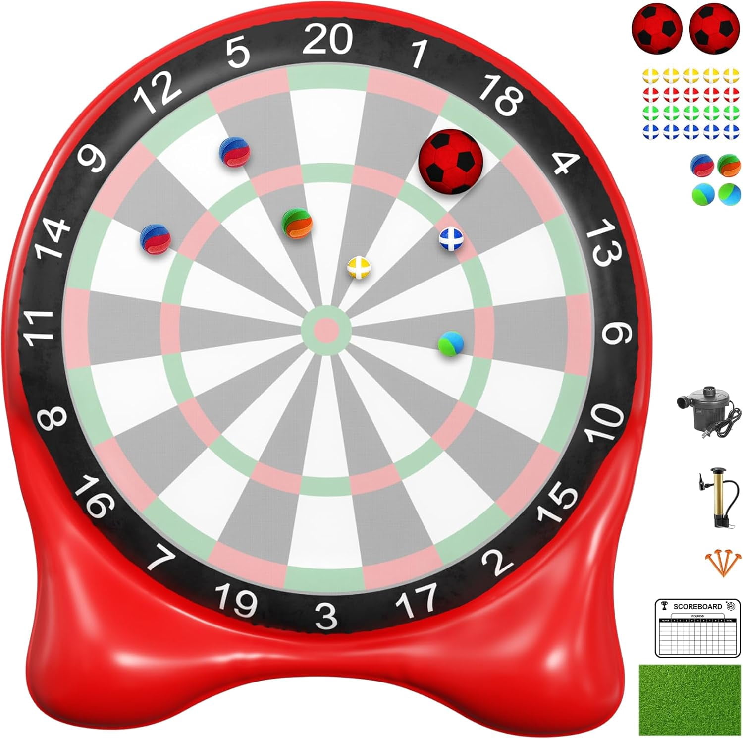 Inflatable Soccer Dart Board, 6ft Giant Kick Darts, Indoor Outdoor Lawn Yard Game for Kids Adults Red