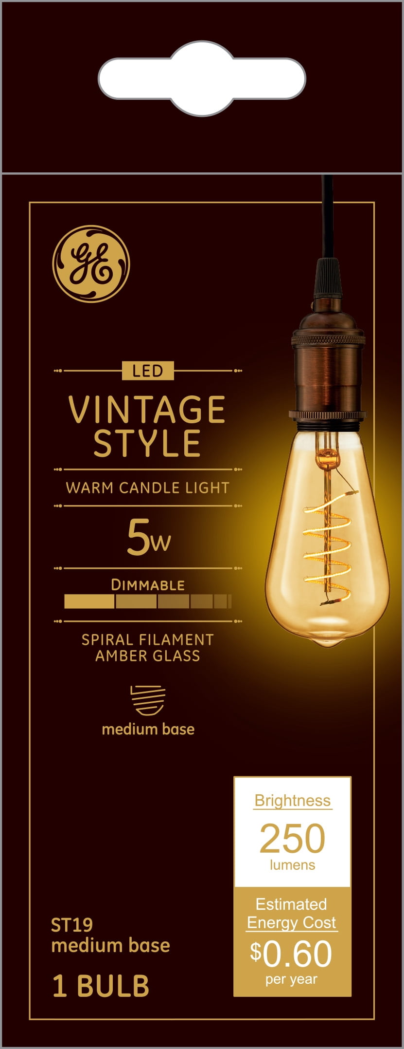 GE Vintage ST19 Teardrop 5-Watt LED Light Bulb (60W Equivalent), Dimmable with Amber Finish and Spiral Filament, Medium Base, Single Bulb