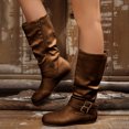 thumbnail image 3 of HEWUQI Short Cowboy Boots for Women Slouchy Mid Calf Round Toe Side Zipper Flats Adjustable Buckle Decor Comfortable Winter Fall Shoes Brown Size 7, 3 of 7
