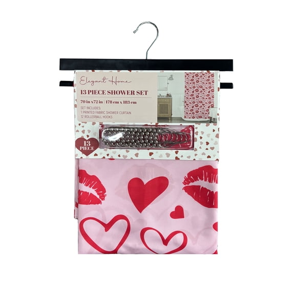 Soft&Cuddly 13-Piece Shower Curtain Set with Rollerball Hooks, 70"x72", Polyester, Kiss Pink