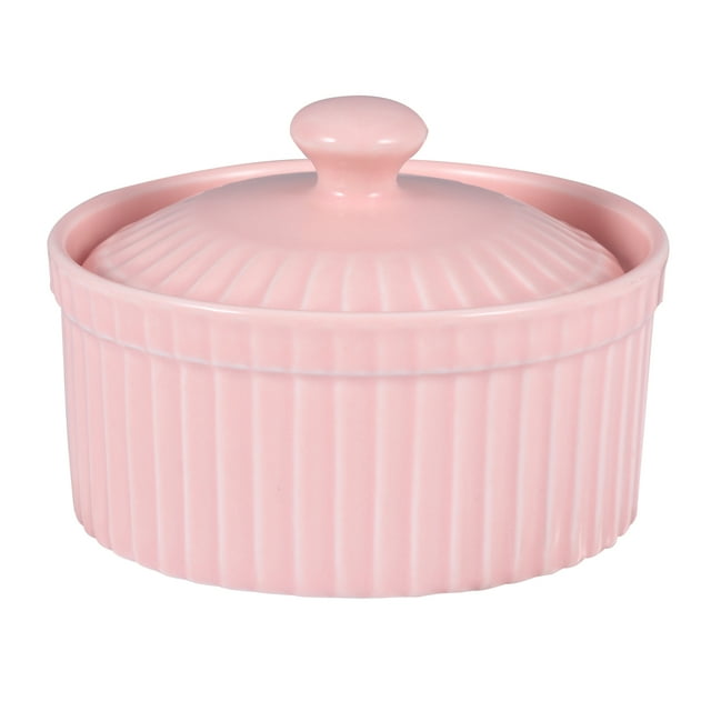 EeaseMX Recipiente de cerámica para hornear, resistente al calor, para pudín, gelatina, postre, tazón pequeño con tapa para cocina casera (rosa)
