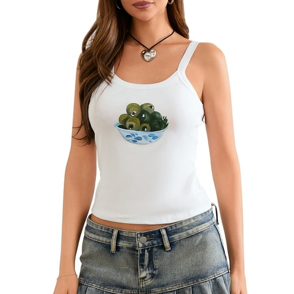 Michellecmm Women's Slim Fit Scoop Neck Bowl Cherry Print Crop Tank Tops