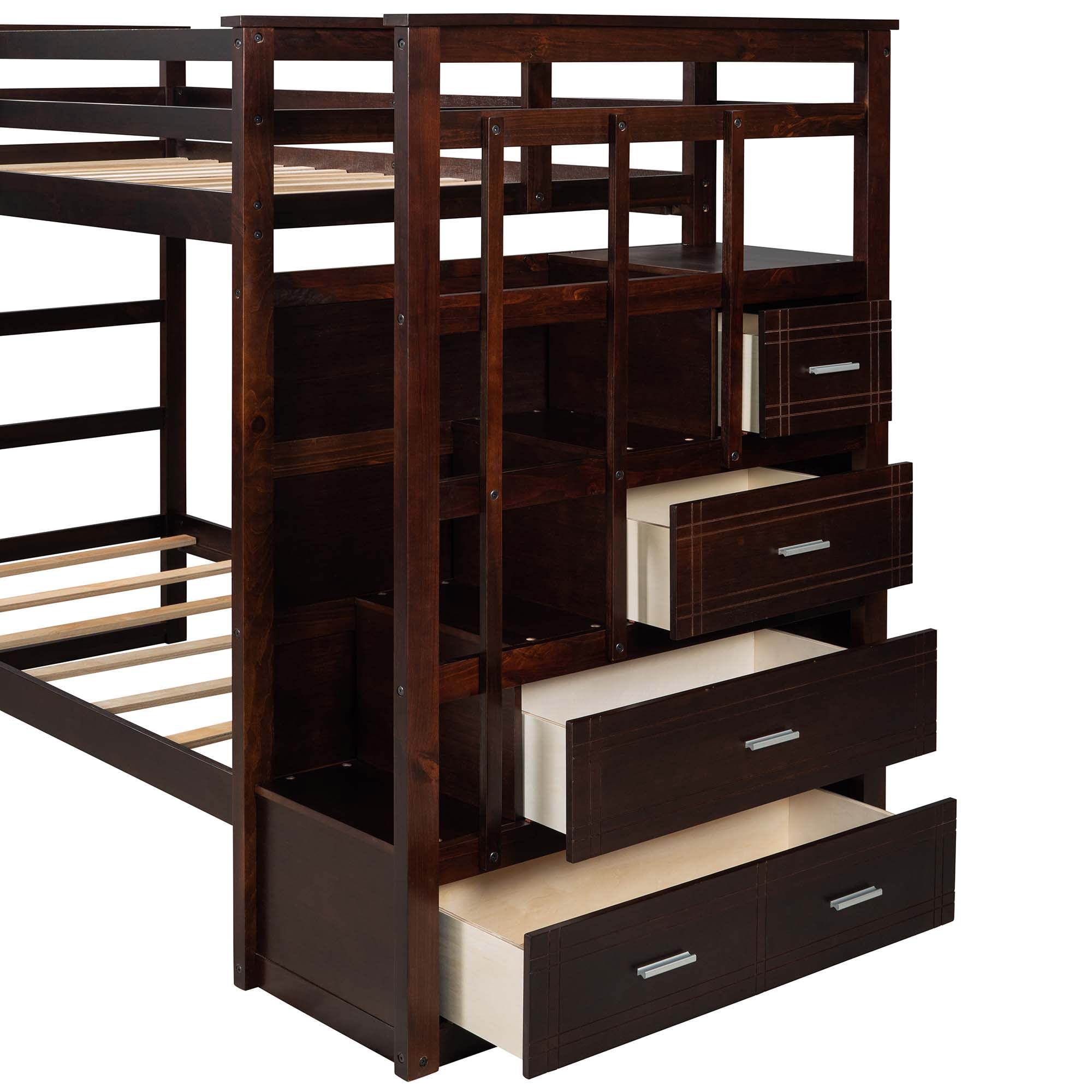 Aukfa Twin over Twin Bunk Bed with Trundle and Staircase, Wood Bunk Bed with 4 Storage Drawers for Kids, Teens - Espresso