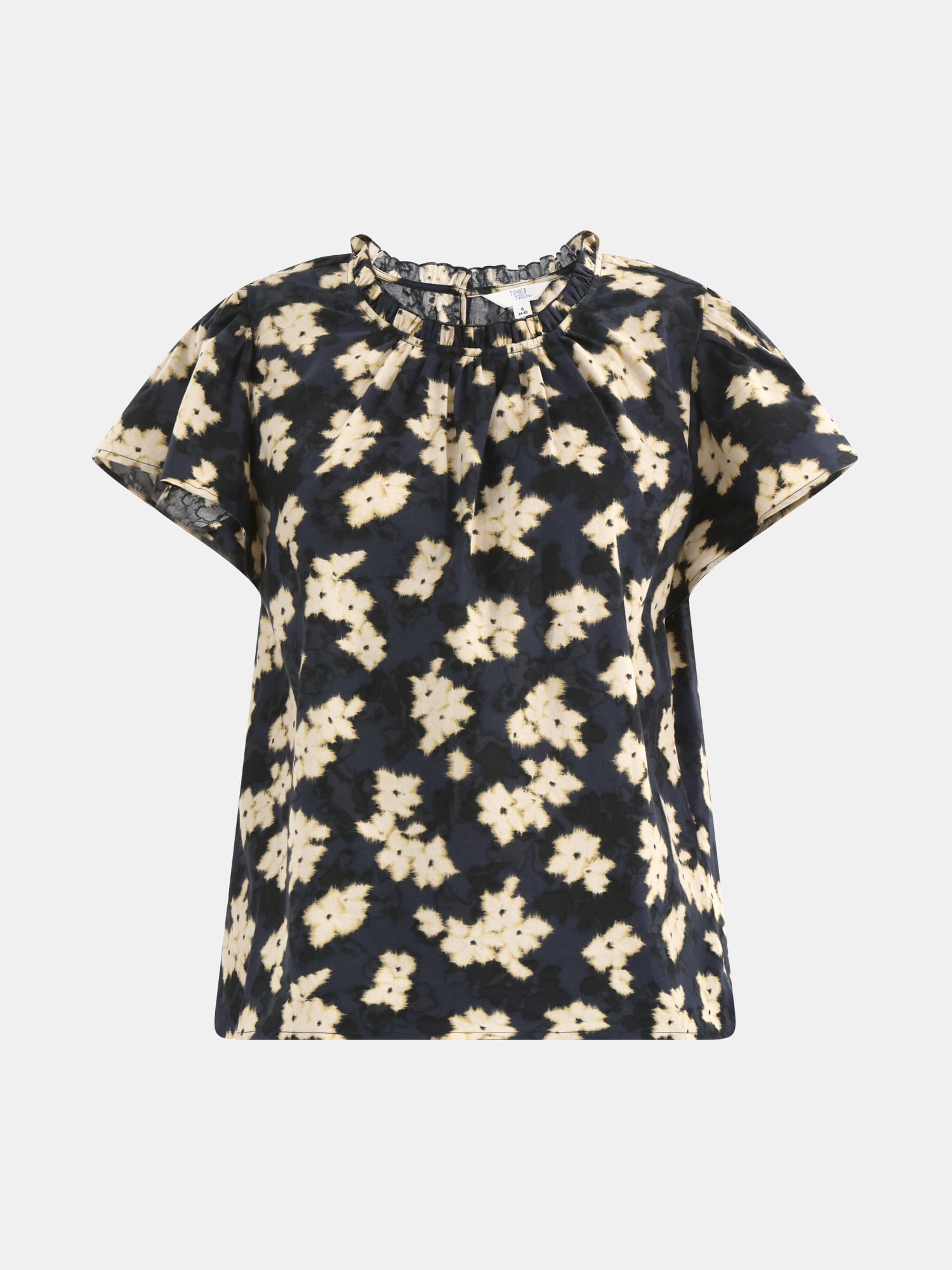 Time and Tru Women's Cotton Ruffle Neck Blouse with Flutter Sleeves, Sizes XS-XXXL