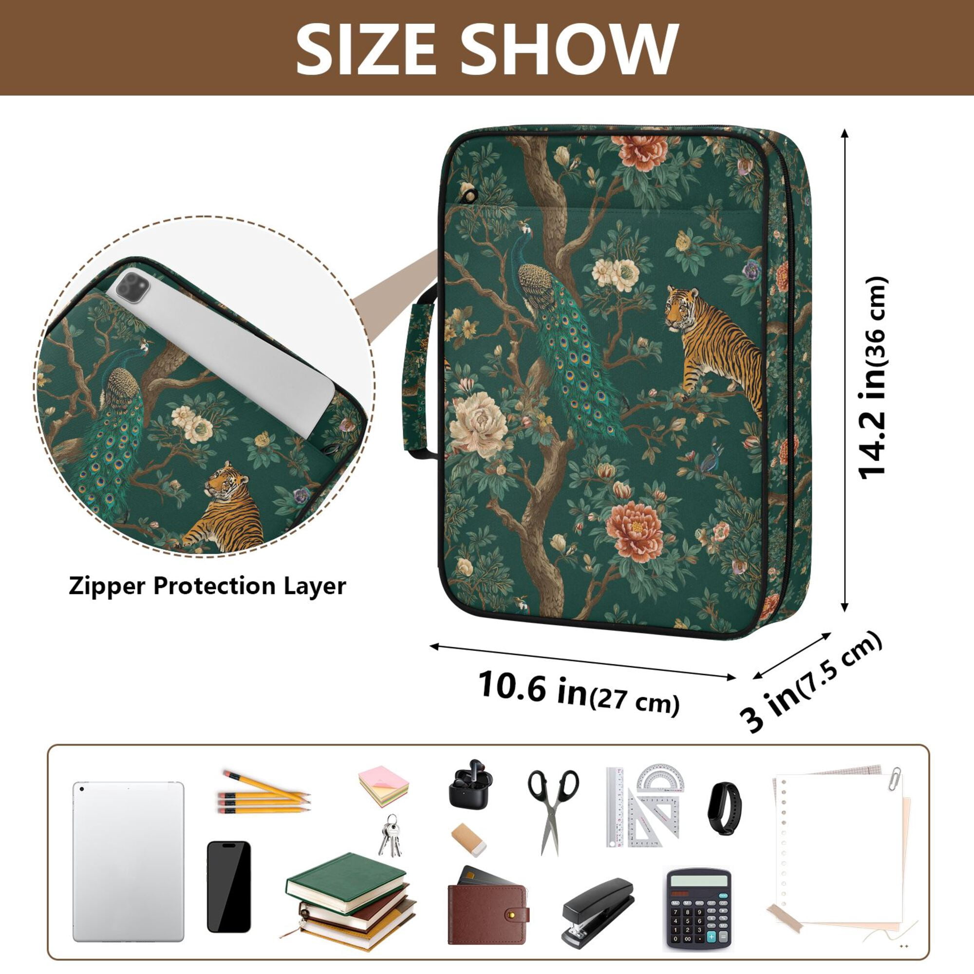 FORMRS Accordion File Folder A4 Size 7-Pocket Expanding Document Organizer Bag with 3 Ring Binder, Tiger and Peacock Pattern