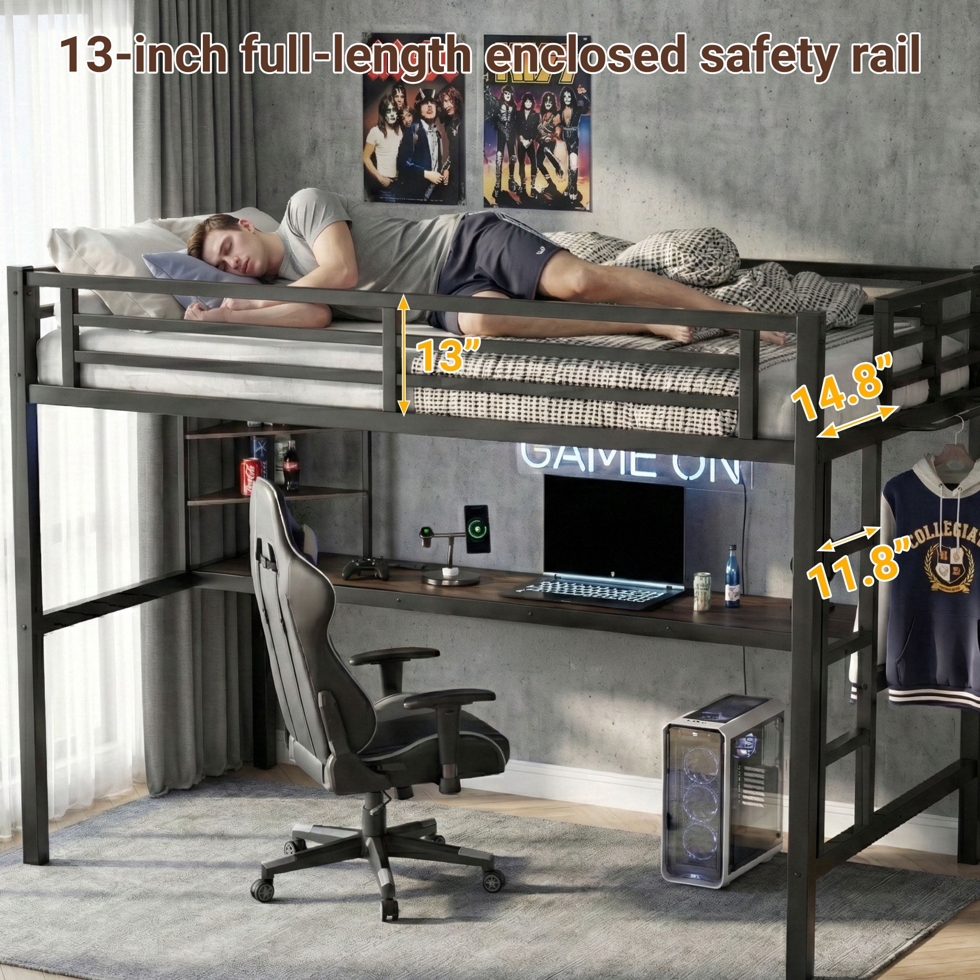 Twin XL Loft Bed with Desk and Storage Shelves, Metal Loft Bed with Charging Station and LED Lights
