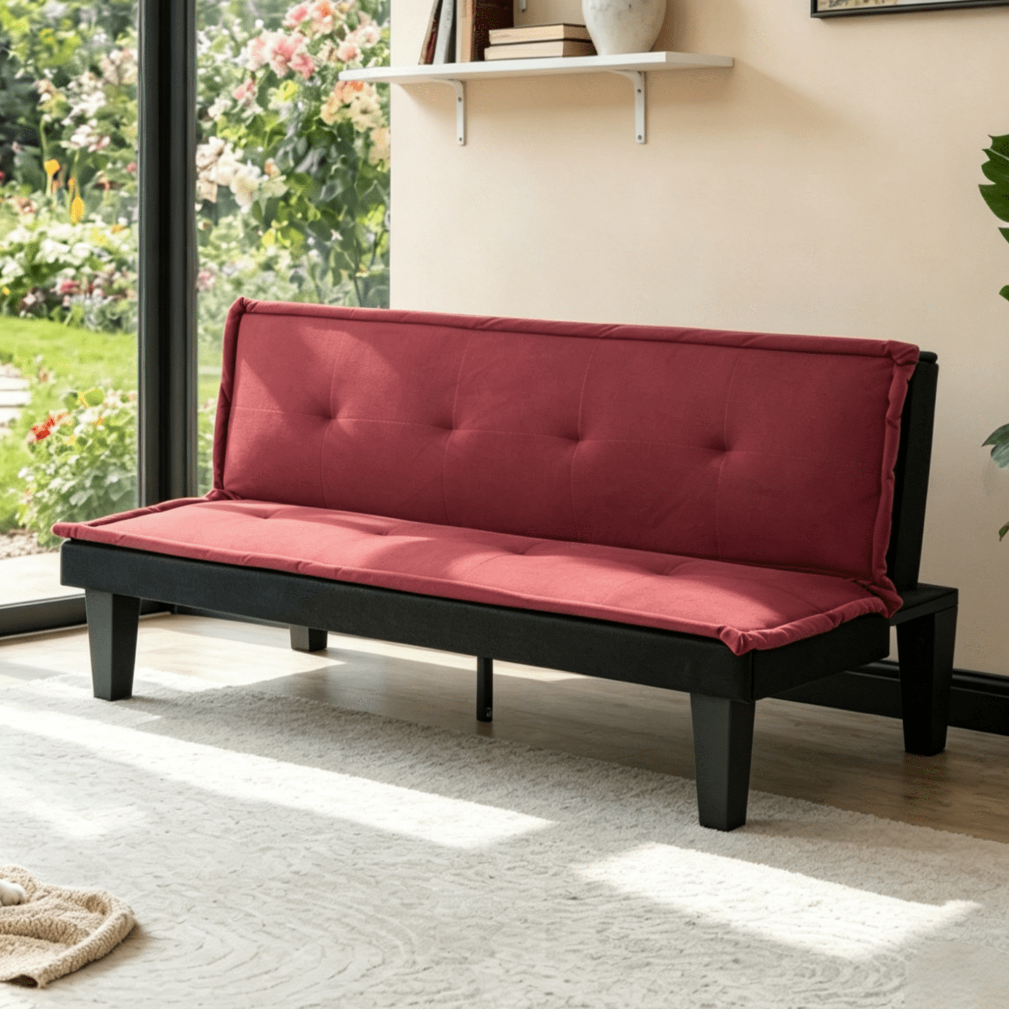 Gewnee 62.99”Faux Suede Convertible Futon Sofa Bed,Upholstered Futon Couch with 5 Adjustable Backrest Angles,Sleeper Couch for Small Spaces,Living Room or Office.Dark Red